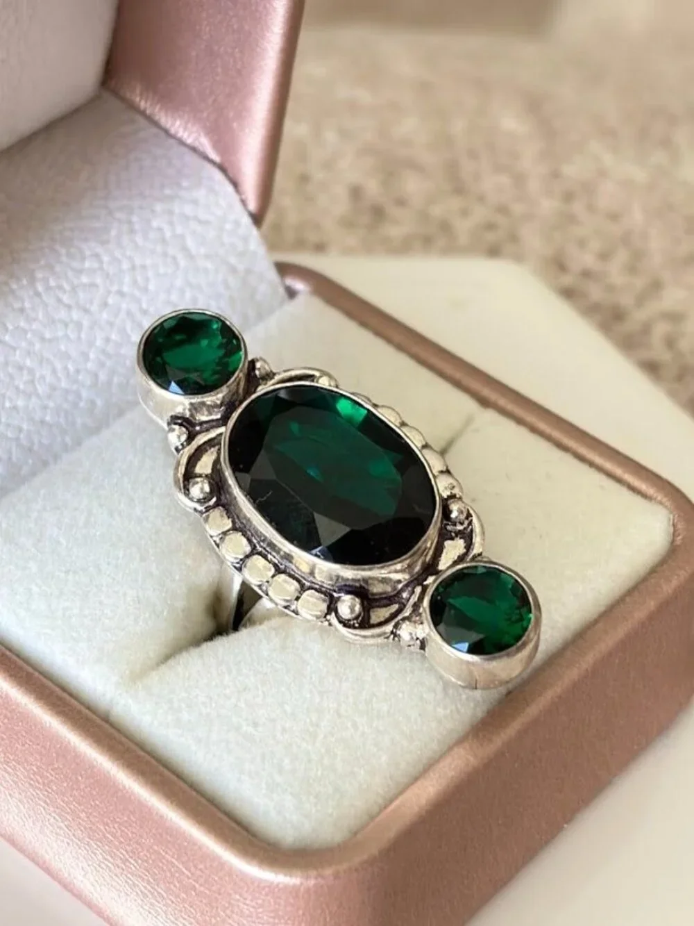 Simulated Emerald Three Stone Statement Ring 925 Silver Plated - Size 5.5